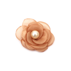 Trandafir organza cu perla 55 mm culoare caramel - 2 bucati