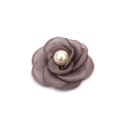 Organza trandafir cu perla 55 mm culoare gri - 2 bucati