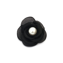 Organza trandafir cu perla 55 mm culoare negru - 2 bucati