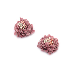 Floare textila cu stamine 30 mm culoare roz lamé - 2 bucati