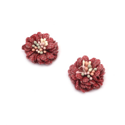 Fabric Flower with Stamens and Lame Thread / 30 mm / Red - 2 pieces