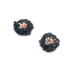 Fabric Flower with Stamens and Silver Lame Thread / 30 mm / Dark Blue - 2 pieces