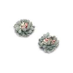 Fabric Flower with Stamens and Silver Lame Thread / 30 mm / Light Gray - 2 pieces