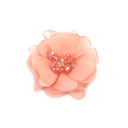 Organza Flower with Crystal Beads / 80 mm / Peach Color