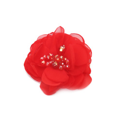 Organza Flower with Crystal Beads / 80 mm / Red