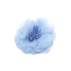 Floare din organza cu margele de cristal 80 mm culoare albastru deschis