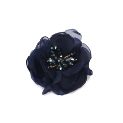 Floare din organza cu margele de cristal 80 mm culoare albastru inchis