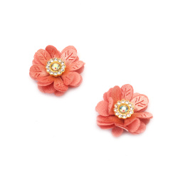 Satin Flower with Crystal Element / 30 mm / Pink - 4 pieces