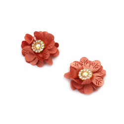 Satin Flower with Crystal Element / 30 mm / Salmon Color - 4 pieces
