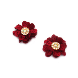 Satin Flower with Crystal Element / 30 mm / Burgundy Color - 4 pieces