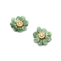Satin Flower with Crystal Element / 30 mm / Green - 4 pieces