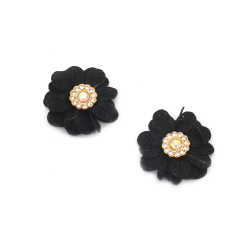 Satin Flower with Crystal Element / 30 mm / Black - 4 pieces