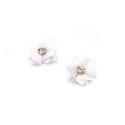 Satin Flower with Crystal Element / 30 mm / White - 4 pieces