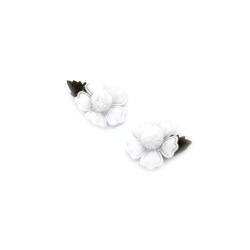 Fabric Flower with Pompom / 25 mm / White - 4 pieces