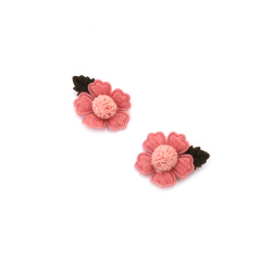 Fabric Flower with Pompom / 25 mm / Pink - 4 pieces