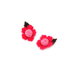 Fabric Flower with Pompom / 25 mm / Cyclamen Color - 4 pieces
