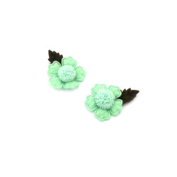 Floare textila cu pompon 25 mm culoare verde - 4 bucati