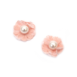 Floare textila cu perla 35 mm culoare piersic - 2 bucati