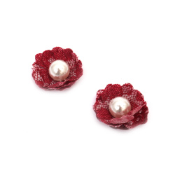 Fabric Flower with Pearl / 35 mm /  Burgundy Color - 2 pieces