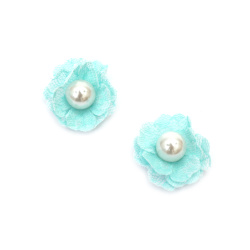 Fabric Flower with Pearl / 35 mm /  Blue - 2 pieces