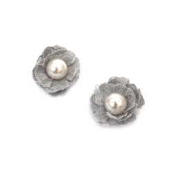 Fabric Flower with Pearl / 35 mm /  Gray - 2 pieces