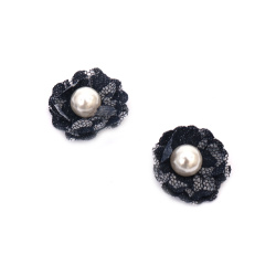Fabric Flower with Pearl / 35 mm /  Dark Blue - 2 pieces