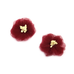Decorative Organza Flower with Stamens / 50 mm / Burgundy Color - 2 pieces