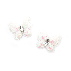 Fabric Butterfly with Rhinestone and Sequins / 40x35 mm / White - 4 pieces