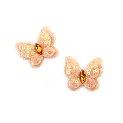 Fabric Butterfly with Rhinestone and Sequins / 40x35 mm / Peach Color - 4 pieces