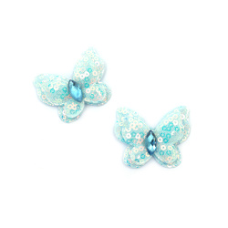 Fabric Butterfly with Rhinestone and Sequins / 40x35 mm / Blue - 4 pieces