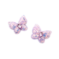 Fabric Butterfly with Rhinestone and Sequins / 40x35 mm / Purple - 4 pieces