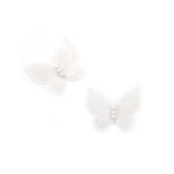 Organza fluture și perle 45x30 mm culoare alb - 4 buc