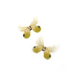 Organza Butterfly with Crystal /  30x20 mm / White, Yellow - 5 pieces