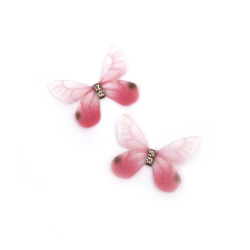 Organza Butterfly with Crystal /  30x20 mm / White, Pink - 5 pieces