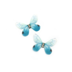 Organza Butterfly with Crystal /  30x20 mm / White, Blue - 5 pieces