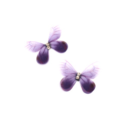 Organza Butterfly with Crystal /  30x20 mm / Purple - 5 pieces
