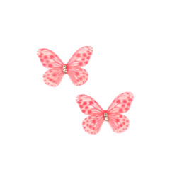 Dotted Organza Butterfly with Crystal / 30x20 mm / Pink - 5 pieces