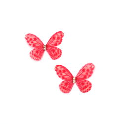 Dotted Organza Butterfly with Crystal / 30x20 mm / Dark Pink - 5 pieces
