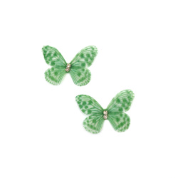 Dotted Organza Butterfly with Crystal / 30x20 mm / Green - 5 pieces