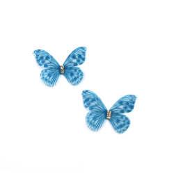 Fluture organza punctata cu cristal 30x20 mm culoare albastru - 5 bucati