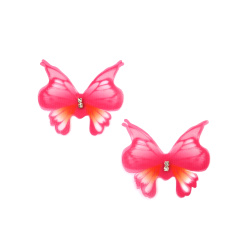 Organza Butterfly with Crystals /  45x40 mm / Pink - 5 pieces