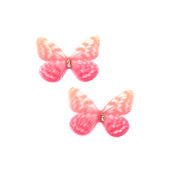 Organza Butterfly with Crystal / 47x37 mm / Pink - 5 pieces