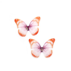 Пеперуда органза с кристал 50x37 мм цвят бял, оранжев, виолетов -5 броя