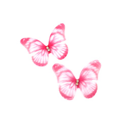 Organza fluture cu cristal 50x37 mm culoare alb, roz - 5 buc