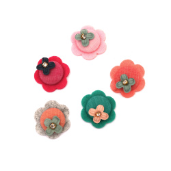 Felt Flower with Crystal, 35 mm, for Decoration, Mixed Colors - Set of 5