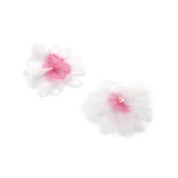 Floare de organza cu stamine 70 mm culoare alb, roz - 2 bucăți