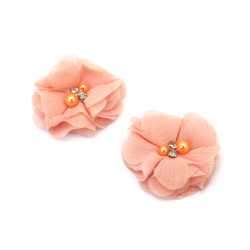Flori decorative textile cu perle și cristale 50 mm culoarea piersicii - 2 bucăți