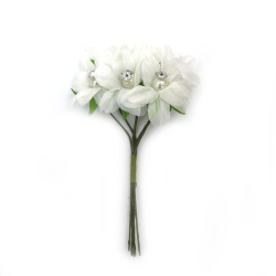 Textile Flower Bouquet with Pearl and Crystal 35x110 mm, White Color - 6 pieces