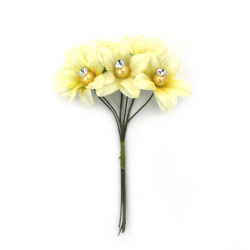 Fabric Flower Bouquet with Pearl and Crystal 35x110 mm, Yellow Color - 6 pieces