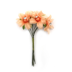 Fabric Flower Bouquet with Pearl and Crystal 35x110 mm, Light Orange Color - 6 pieces